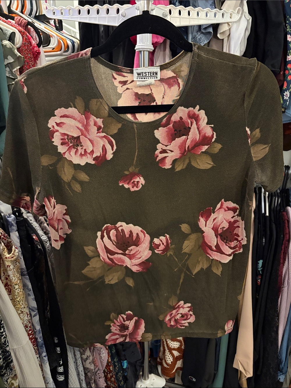 Western Connection Olive Short Sleeve Floral Crewneck Top with Pink Rose Print